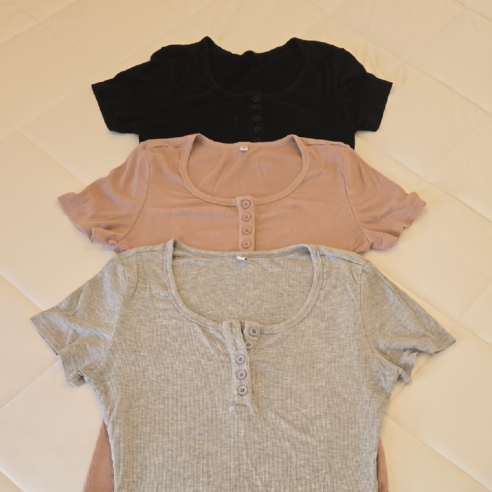 Stylish Women's Short Sleeve Button-Down Tops - Black, Tan, Gray
